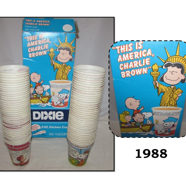 Vintage 1988 Partial Box of, This is America Charlie Brown Waxed Dixie Cups, Peanuts Characters