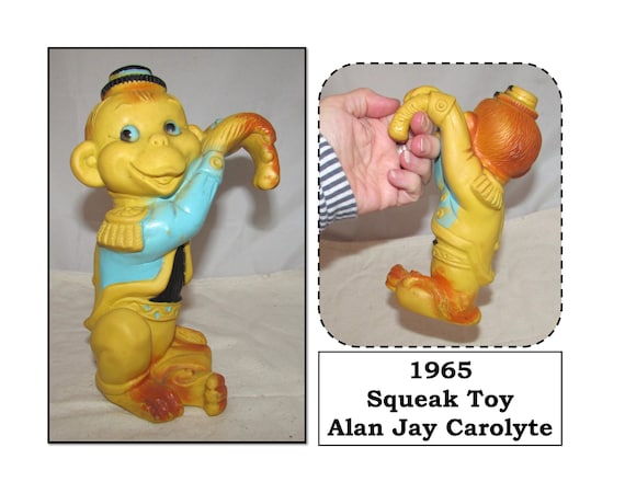 Vintage 1965 Yellow Rubber Bellhop Monkey Squeak Toy