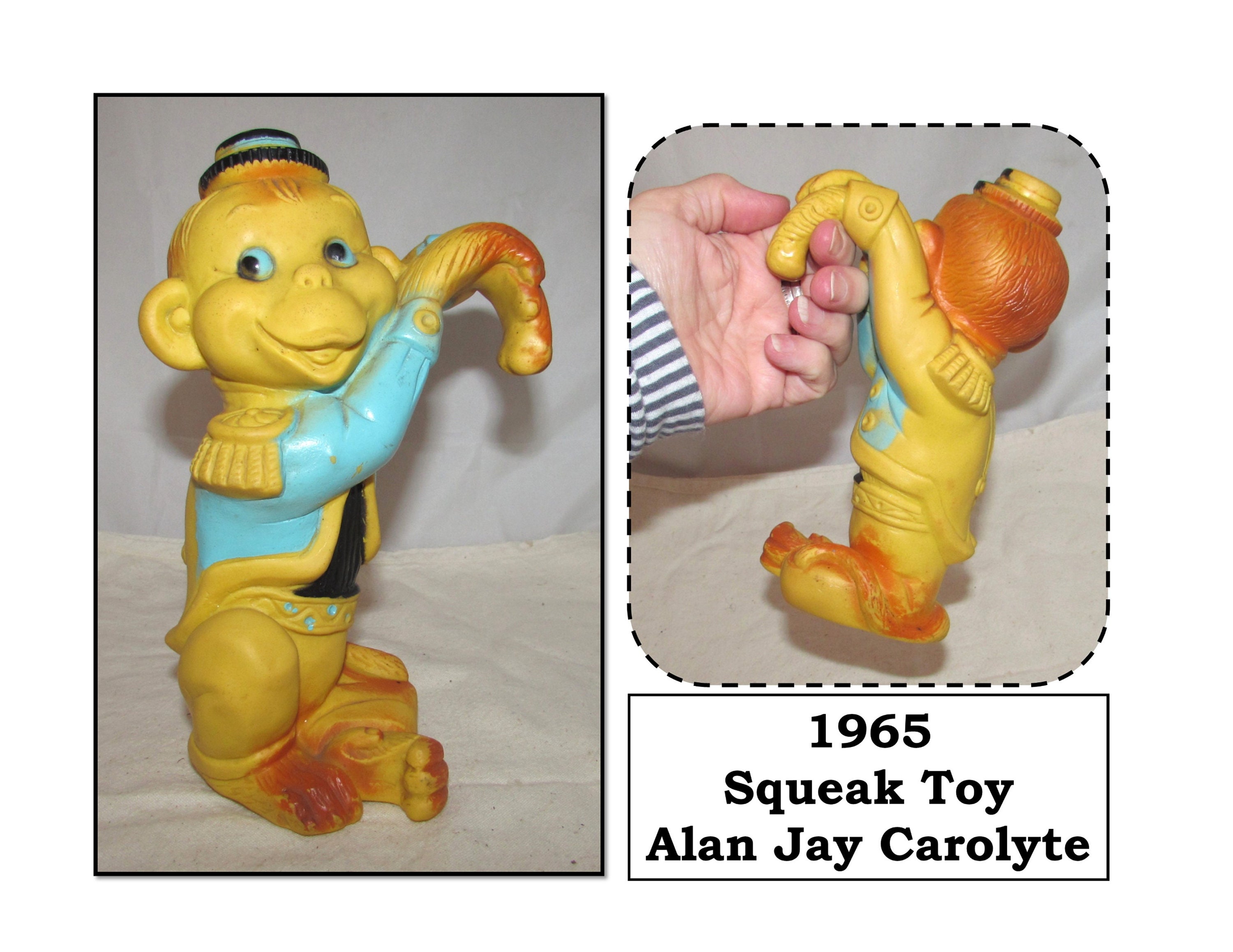 Vintage 1965 Yellow Rubber Bellhop Monkey Squeak Toy