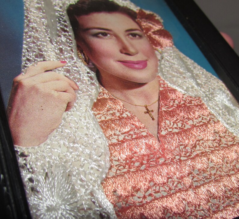 USED Mailed from Spain Woman Vintage Framed 1958 Spanish Lace Postcard