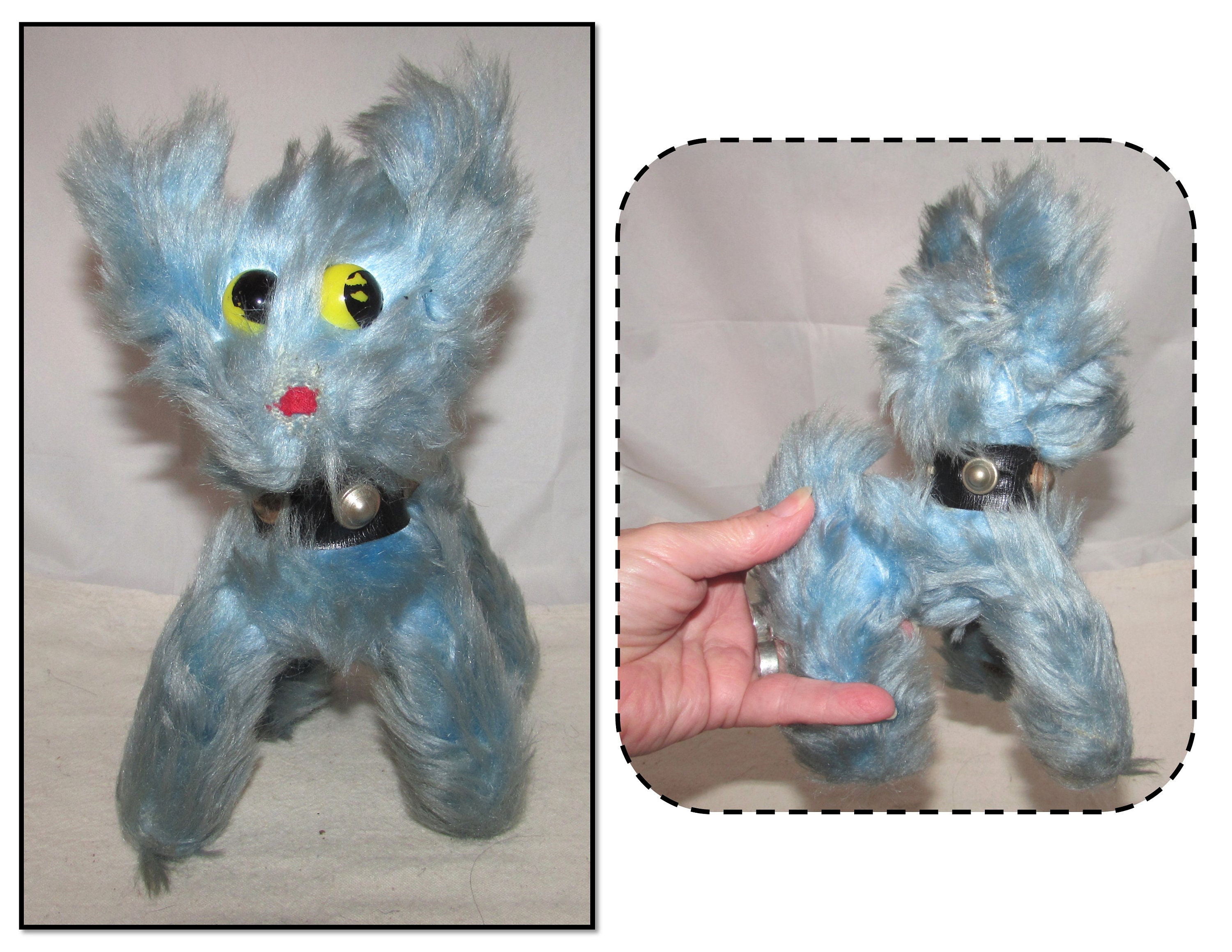 Vintage Furry Blue Plush Toy Puppy Dog With Studded Collar
