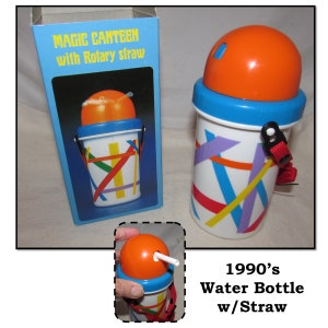 May include: A vintage 1990's water bottle with a colorful striped design and a built-in straw. The bottle has a blue and orange lid and a red strap.