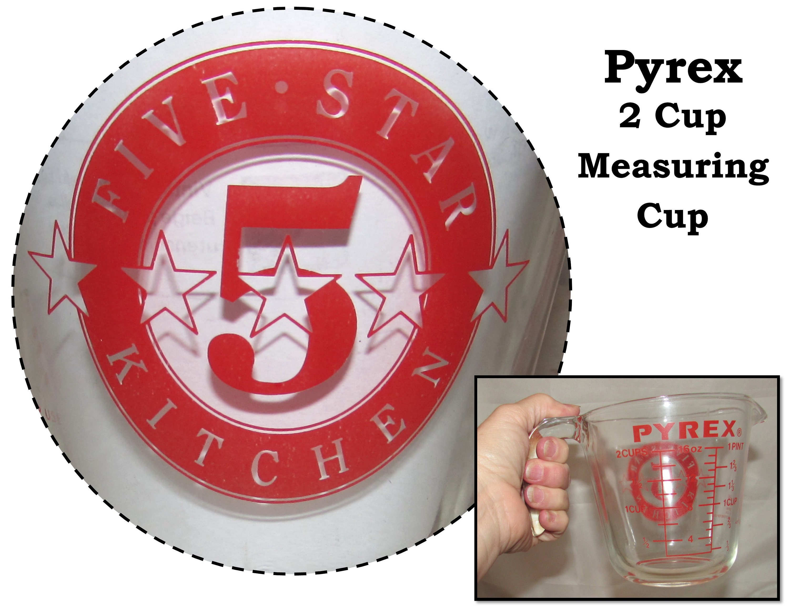Vintage PYREX 516 Measuring Cup, J Handle, 2 Cup w Metric.