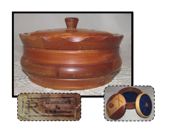 Vintage Handmade Wood Inlaid Round Jewelry Box wi… - image 1