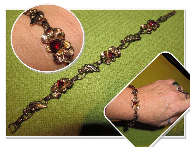 Vintage 12K Gold Plated Link Bracelet with Red Rhinestones 6 long flowers /& leaves costume jewelry
