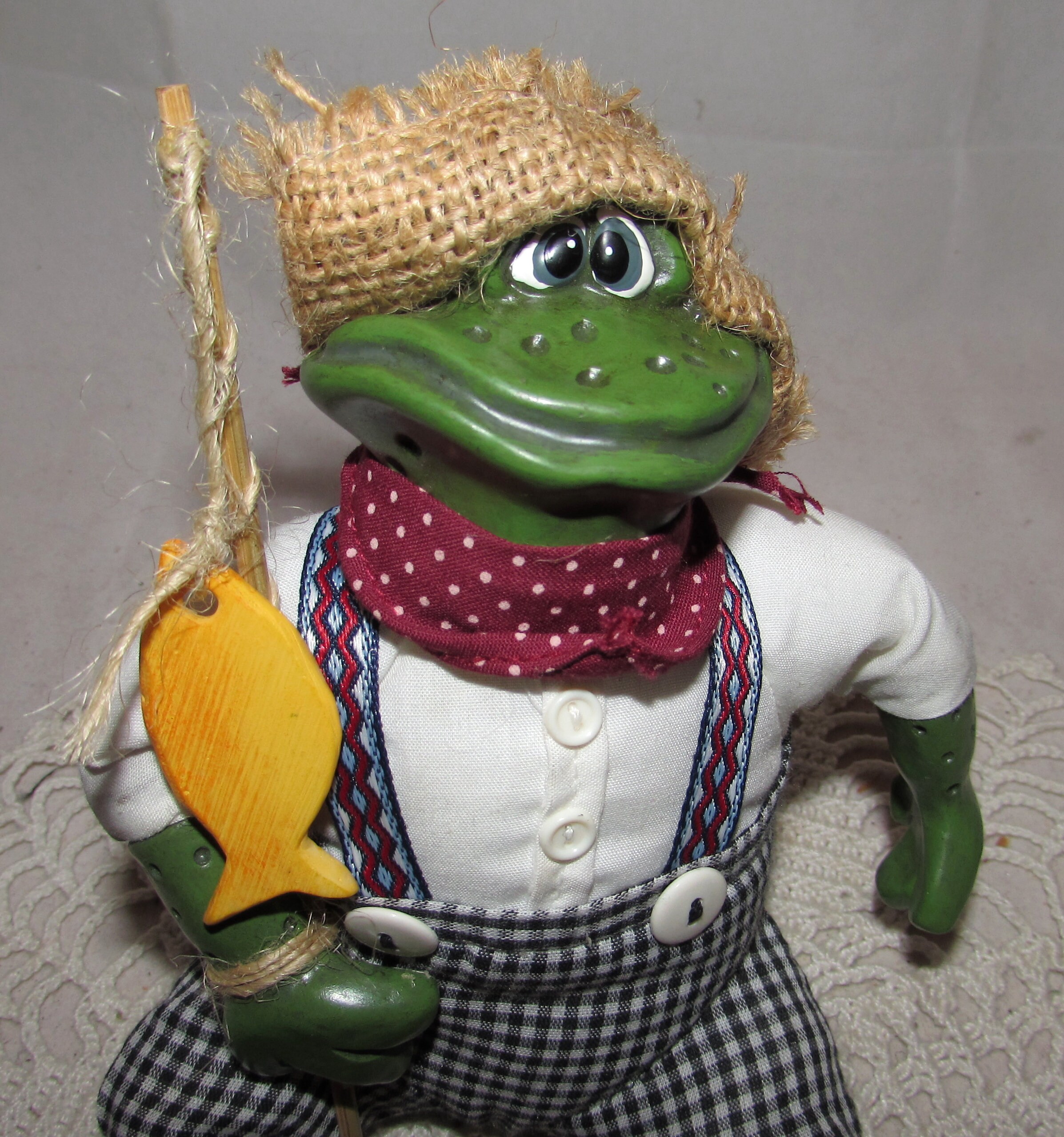 Vintage Russ Berrie Boy Frog with Straw Hat & Fishing Pole Tadpole