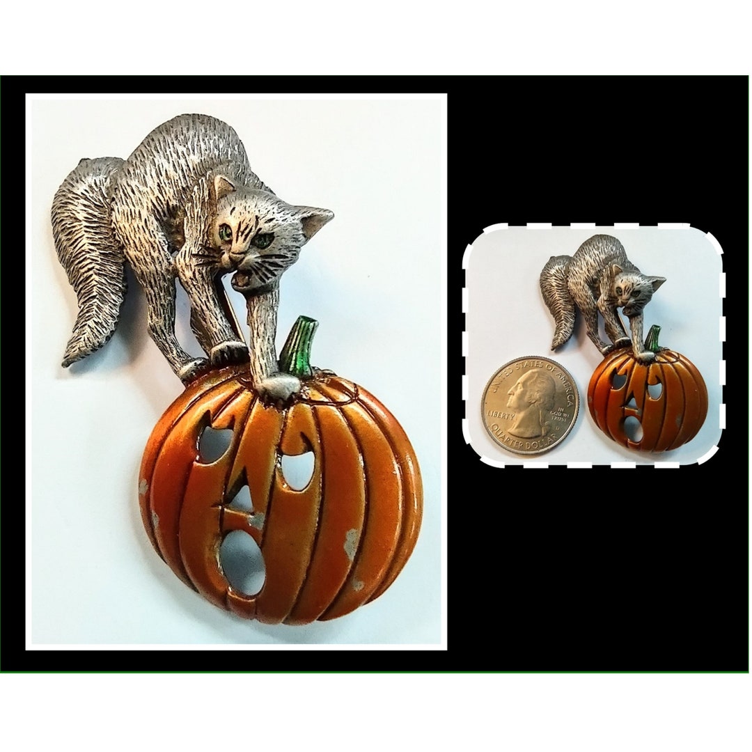 Vintage Halloween Pin Brooch, Arched Black Cat Atop a Jack O Lantern ...