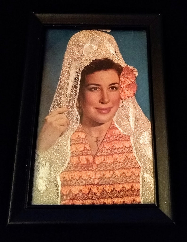 USED Mailed from Spain Woman Vintage Framed 1958 Spanish Lace Postcard