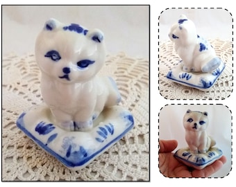 Vintage Porcelain Blue & White Kitty Cat Figurine Sitting on a Pillow