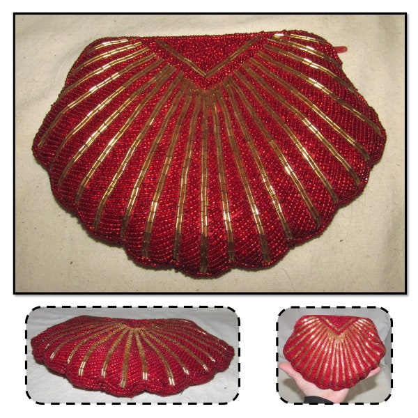 Vintage Red & Gold Beaded Shell Shaped Zippered Evening Clutch Purse