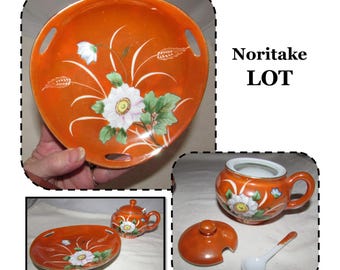 Vintage Orange Lustreware with White Flower, Porcelain Cake Plate & Sugar Bowl with Spoon by Noritake