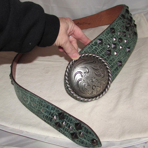 Vintage Green Alligator Print Leather Slouch Belt with Pyramid Shaped Metal Studs & Large Round Buckle cheapest by Arohoe