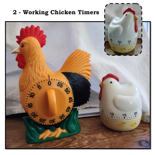 2 - Vintage Plastic 60 Minute Kitchen Timers, Yellow Rooster that Crows & White Hen