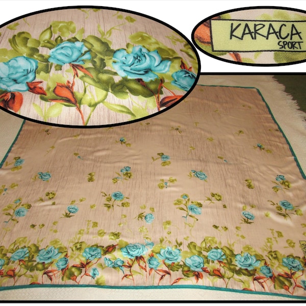 Vintage Silk Head Neck Scarf w/ Aqua Blue Green Roses & Border by Karaca Sport, flowers