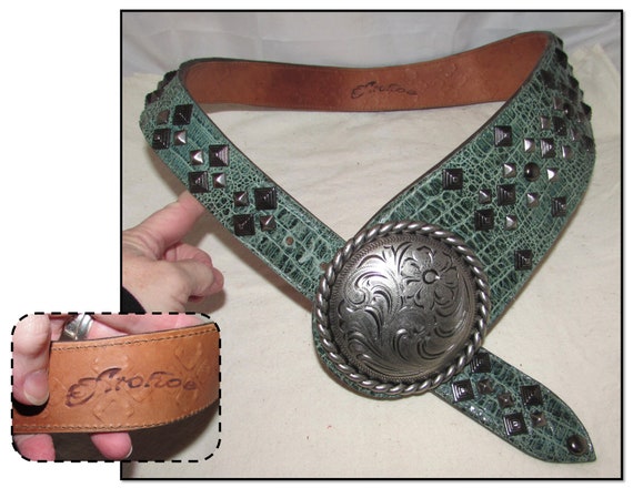 Vintage Green Alligator Print Leather Slouch Belt… - image 1