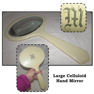 Antique Celluloid Hand Mirror with Beveled Glass, Pyralin by Du Barry, Initial M