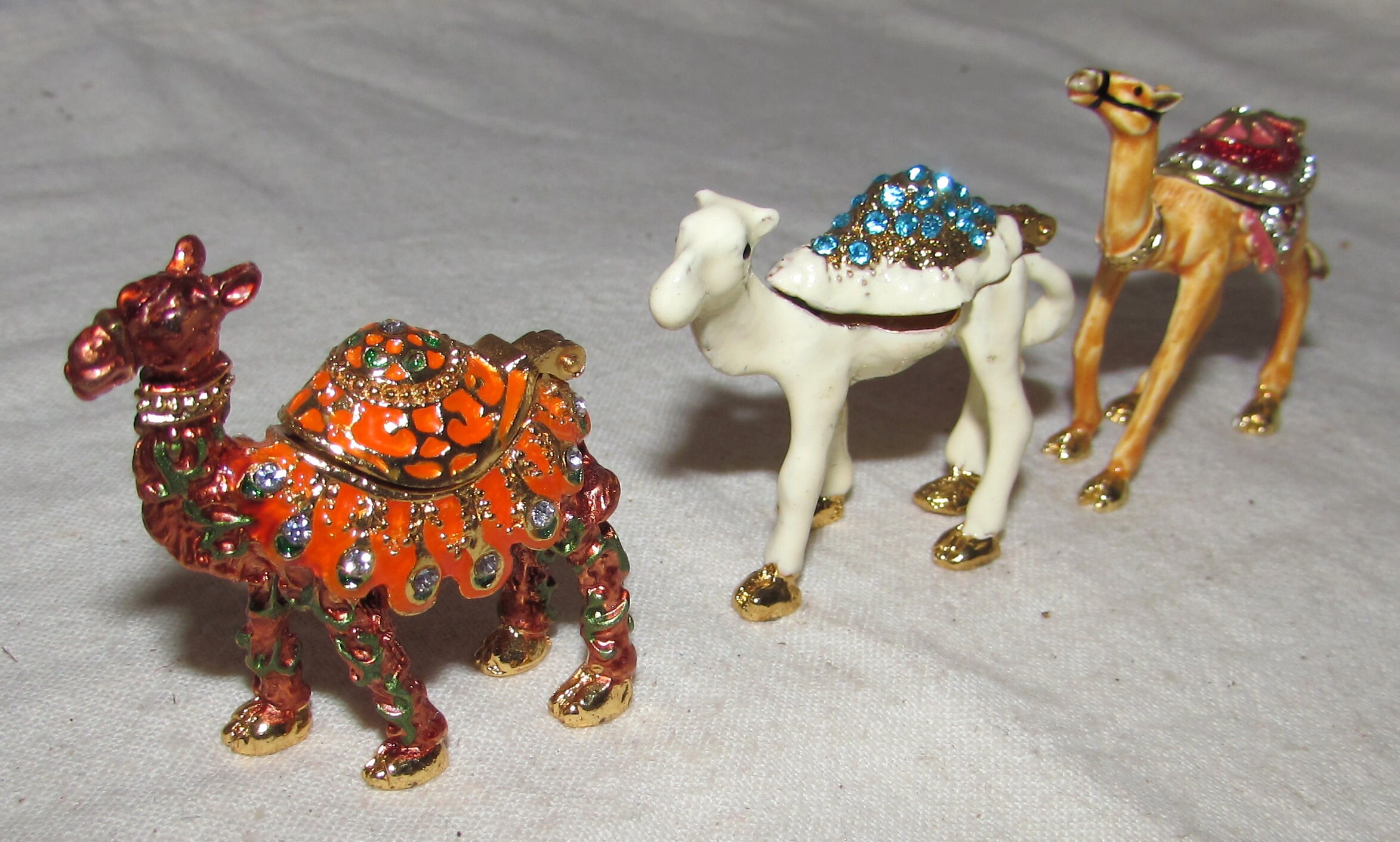 5 - Vintage Miniature Bejeweled Enameled Camels - 3 Hinged Trinket