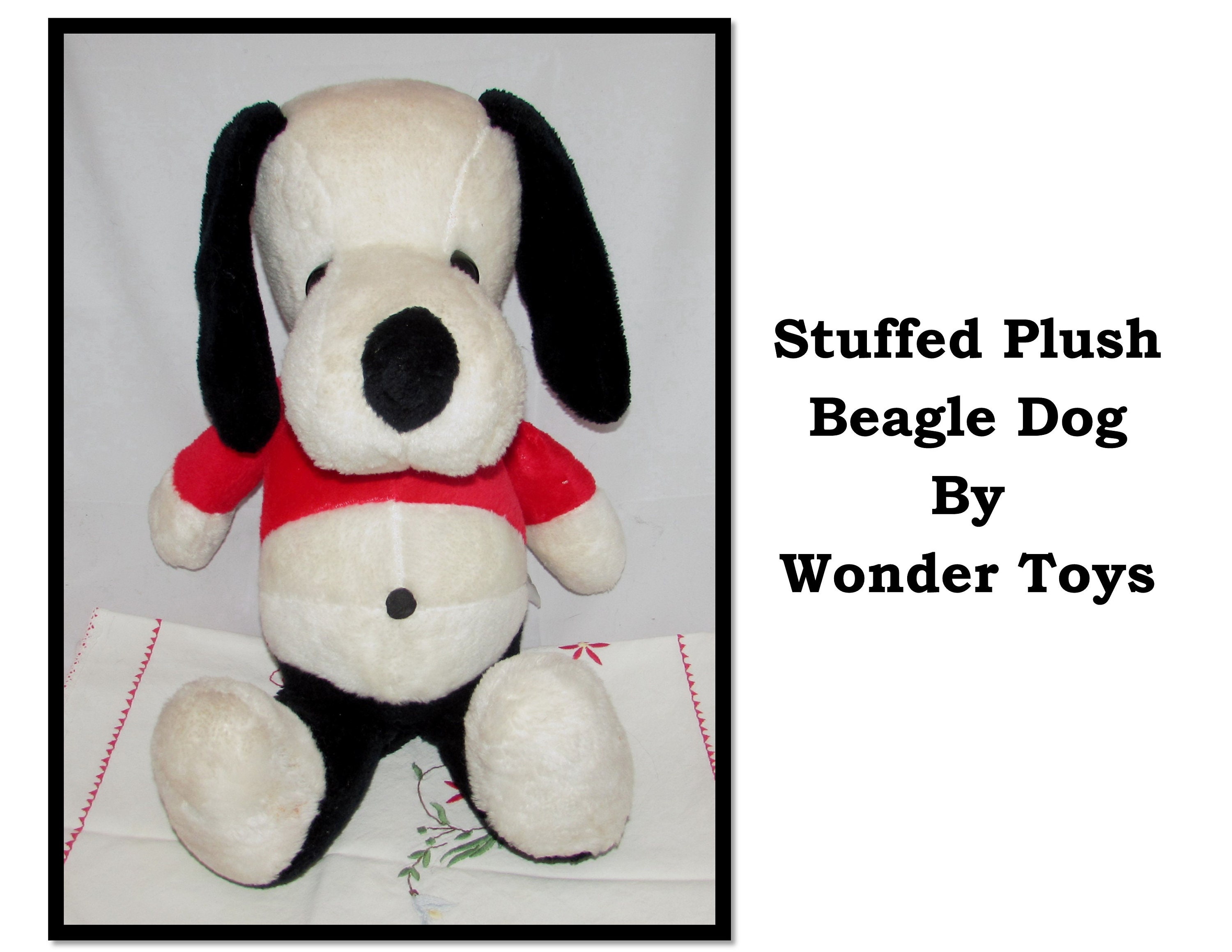 Vintage Wonder Toys Plush Black White Beagle Puppy Dog W/ Exposed Belly &  Bow Tie 