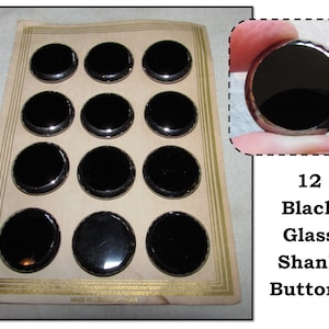 12 - Vintage Black Jet Czech Glass Shank Buttons with Faceted Silver Edge