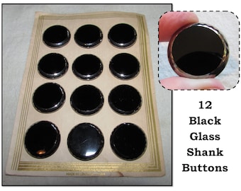 12 - Vintage Black Jet Czech Glass Shank Buttons with Faceted Silver Edge