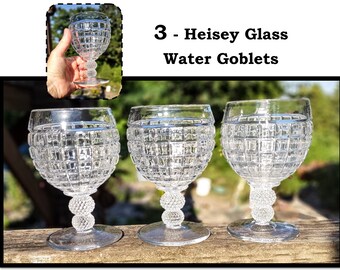 3 - Vintage Glass Water Goblets by Heisey with Victorian Block Pattern, Double Ball Stem