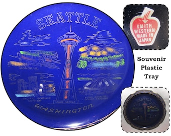 Vintage Blue Plastic Souvenir Tray, Seattle Washington, Space Needle, Kingdome  by Smith Western, Japan