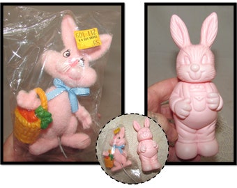 TWO - Vintage Pink Easter Bunny Decorations, Flocked Decorative Floral Stick & Candy Container