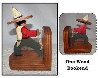 ONE - Vintage Wood Bookend of Mexican Man in Sombrero