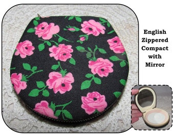 Vintage Fabric Covered Zippered Powder Compact Mirror, Black w/ Pink Roses