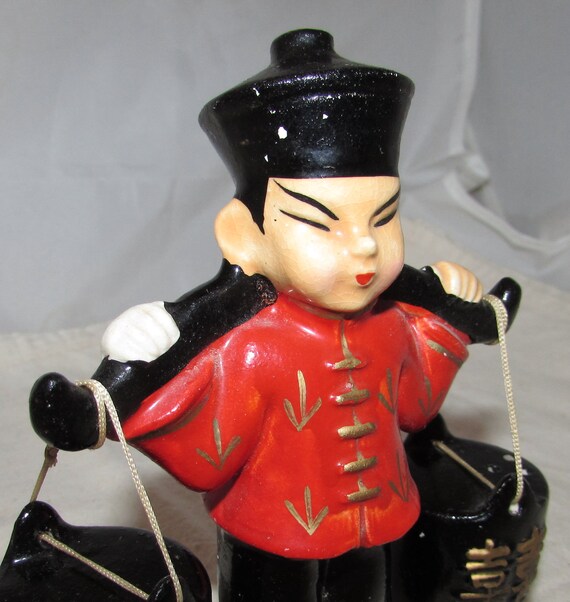 Vintage Ceramic Chinese Man Salt Pepper Shakers, Carrying Buckets