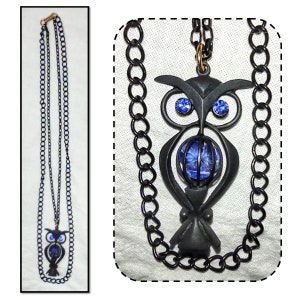 Vintage Black Painted Metal Chain Necklace with Owl Pendant with Blue Eyes and Belly
