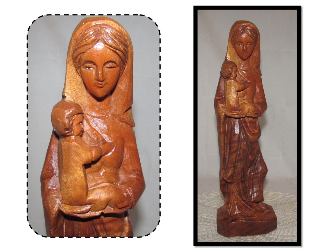 Vintage Hand Carved Wood Virgin Mary & Baby Jesus Statue, Holy Mother ...
