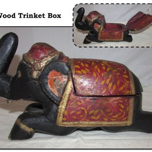 Vintage Handmade Wooden Jewelry Trinket Box in Shape of Painted Indian Elephant