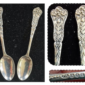 2 - Antique Victorian Silver Plated Demitasse Tea Spoons with Embossed Flowers by Philip Ashberry & Sons, England