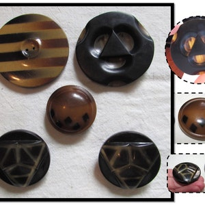 5 - Large Vintage Black Gold Catalin Bakelite Buttons, Striped, Carved, Jelly Diamonds, Triangle Pair