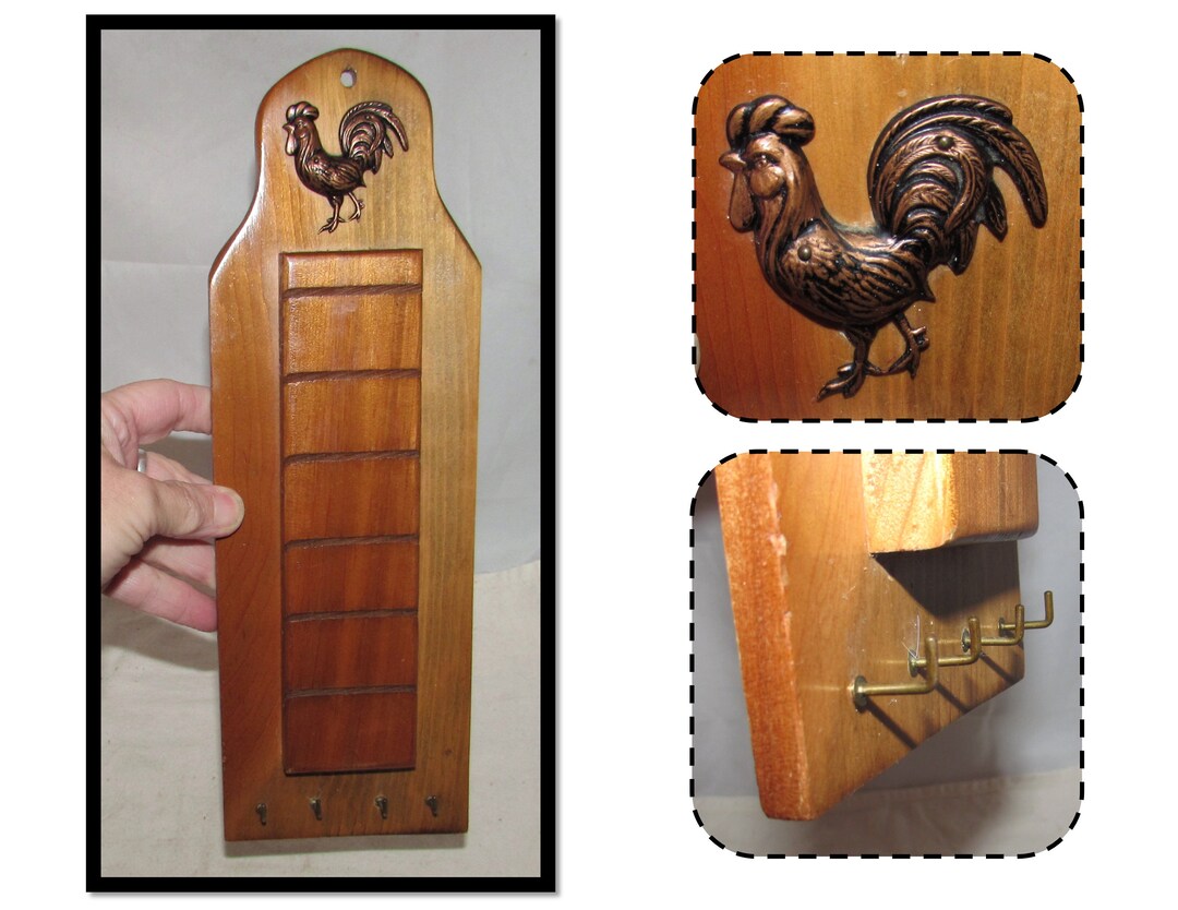 Roaster Key Rack Vintage Wood Wall Rack for Keys & Mail With Copper Rooster by MG, Japan ...