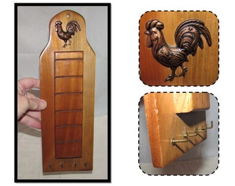 Vintage Wood Wall Rack for Keys & Mail with Copper Rooster by MG, Japan