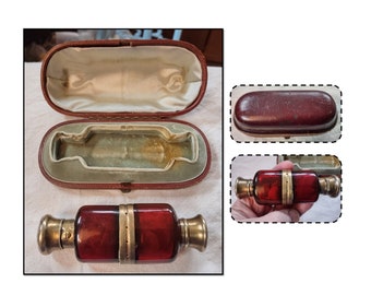 Antique Victorian Ruby Glass Double Ended Scent Vinaigrette Bottle & Fitted Leather Travel Case