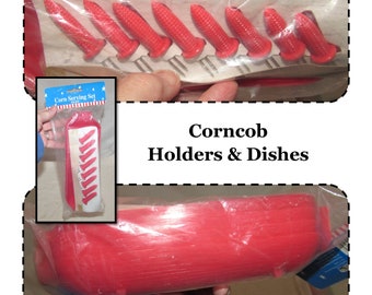 Vintage Red Plastic Corncob Holders with Corn Husk Dish in Original Package