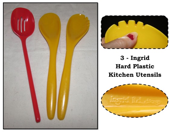 3 Vintage Hard Plastic Kitchen Utensils by Ingrid, Chicago, Yellow Salad  Set & Orange Slotted Spoon 