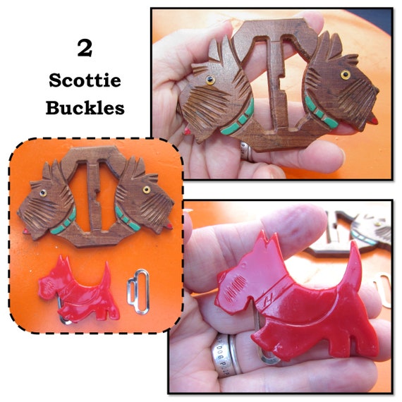 2 - Vintage Scottie Dog Buckles, Red Catalin Bakel