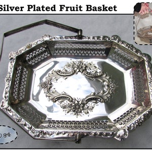 Antique Silver Plated Fruit Bowl Basket with Handle, Wreaths of Flowers