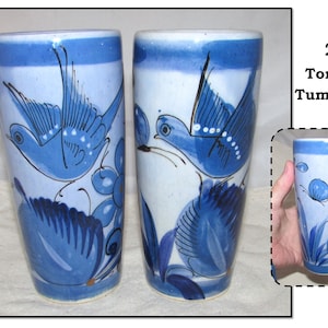 THREE - Vintage Hand Painted Tonala Pottery Tumblers, Blue Bird, Signed