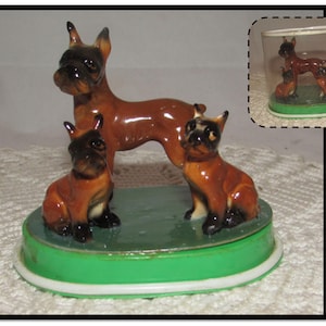 Set of 3 Vintage Miniature Bone China Brown Boxer Dog Figurines in Original box by Shiken, Japan