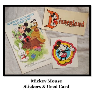 3 - Vintage Souvenir Mickey Mouse Items, Disneyland Transfer Sticker, Vinyl Sticker & USED Easter Greeting Card, Walt Disney Productions