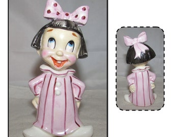 Vintage Ceramic Figurine, Girl in Striped Gown & Big Bow