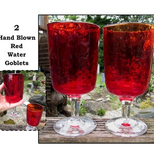 2 - Vintage Hand Blown Ruby Red Water Goblet Glasses with Clear Stems & Base