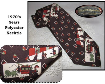 Vintage Wide Brown Polyester Necktie Tie w/ Stagecoach Scene from Sears Men's Store