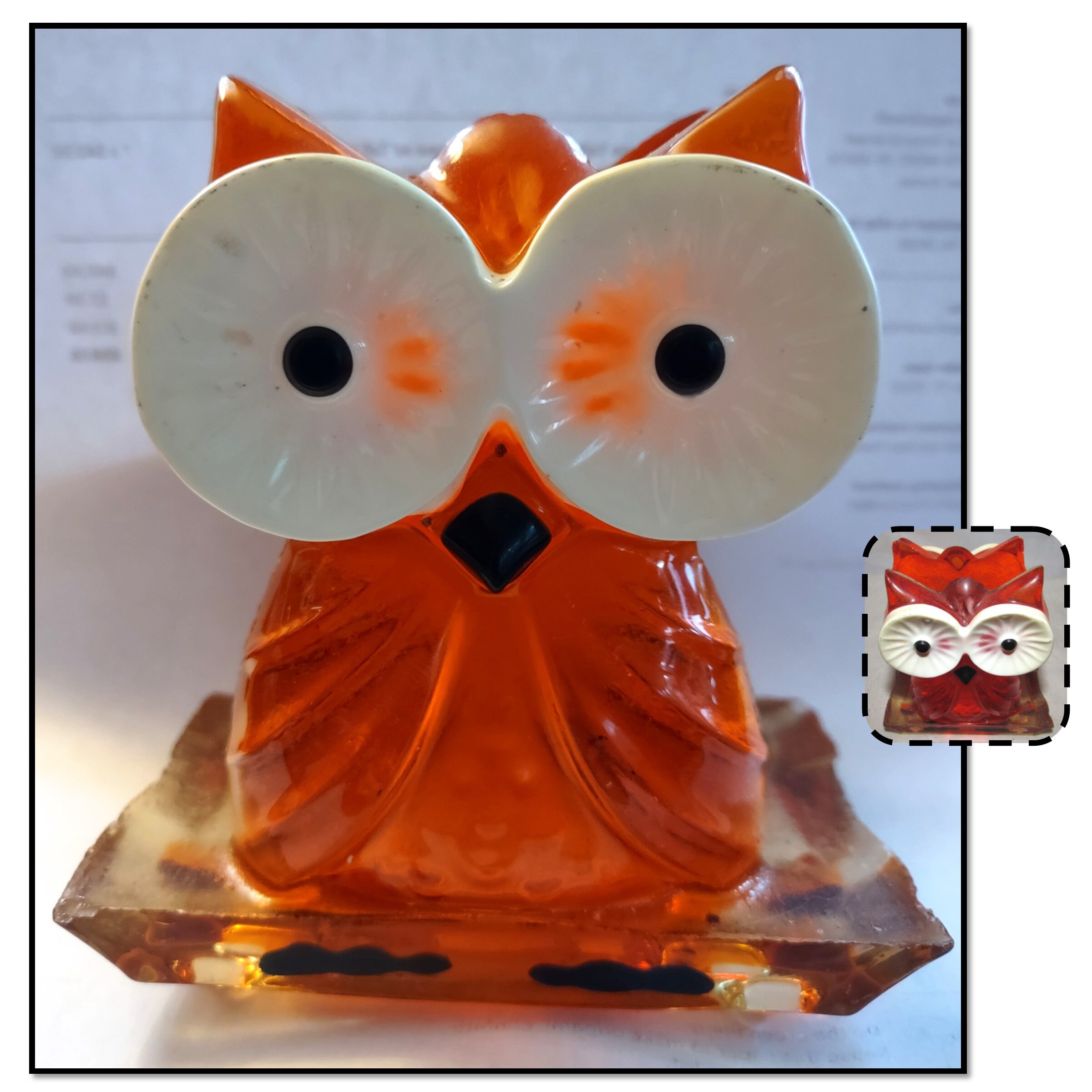 Vintage Orange Acrylic Owl Napkin Letter or Letter Holder From B&B