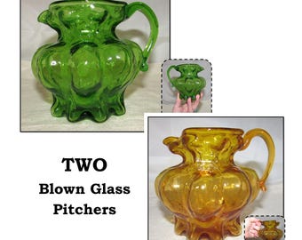 2 - Vintage Blown Glass Gourd Shaped Pitchers - Golden Yellow & Green by Kanawha